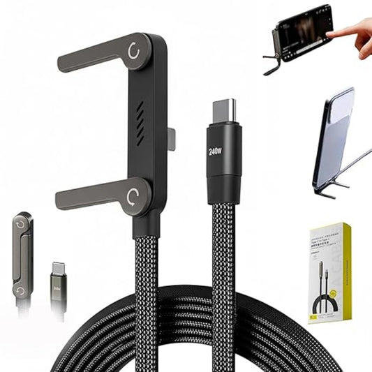Black charging cable with connectors and a phone holder on a white background