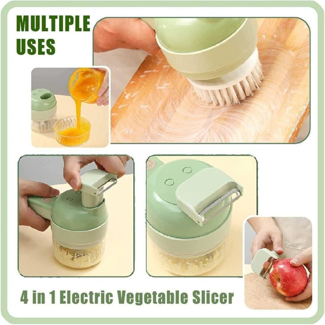 4-in-1 Electric Vegetable Slicer with multiple uses on a wooden surface