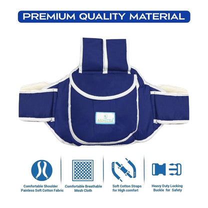 Blue baby carrier with features highlighted on a white background