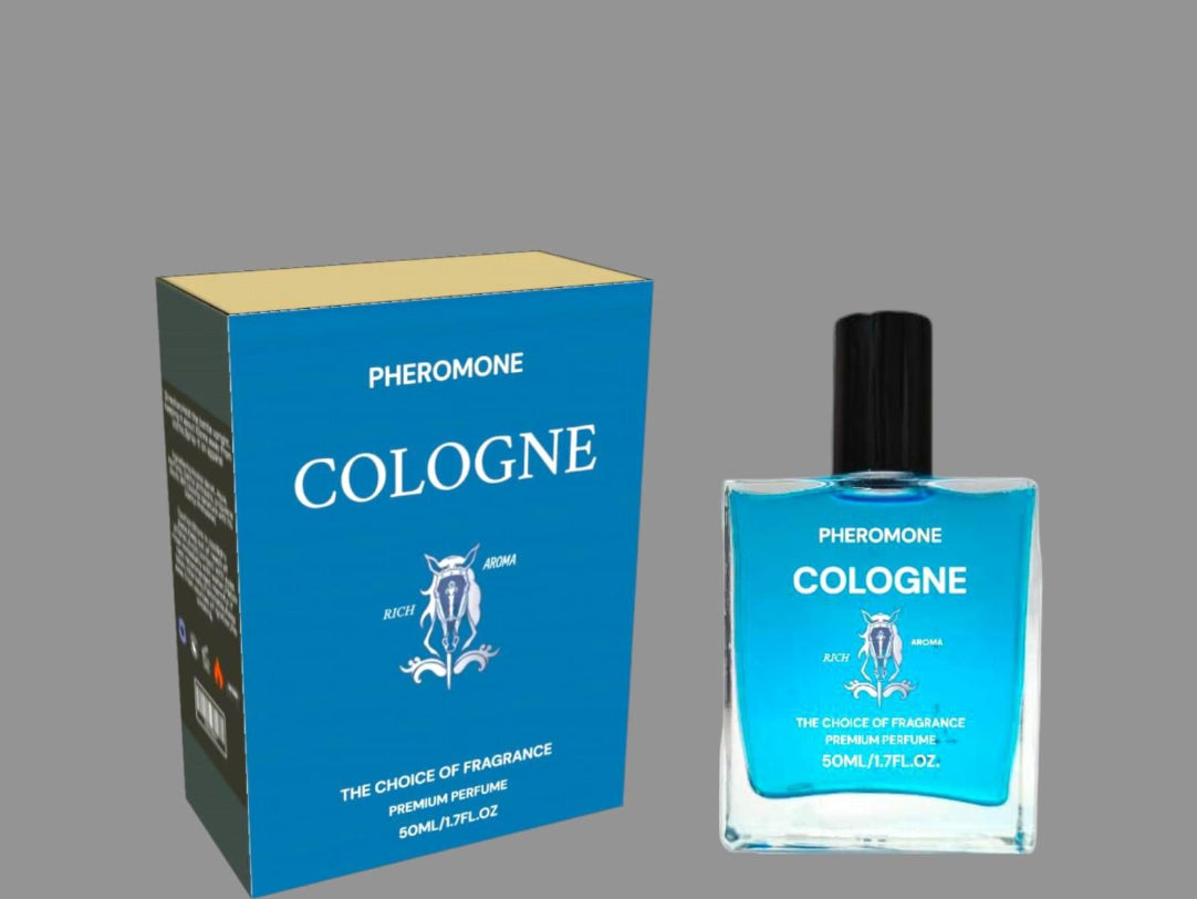 Pheromone cologne bottle and packaging on a gray background