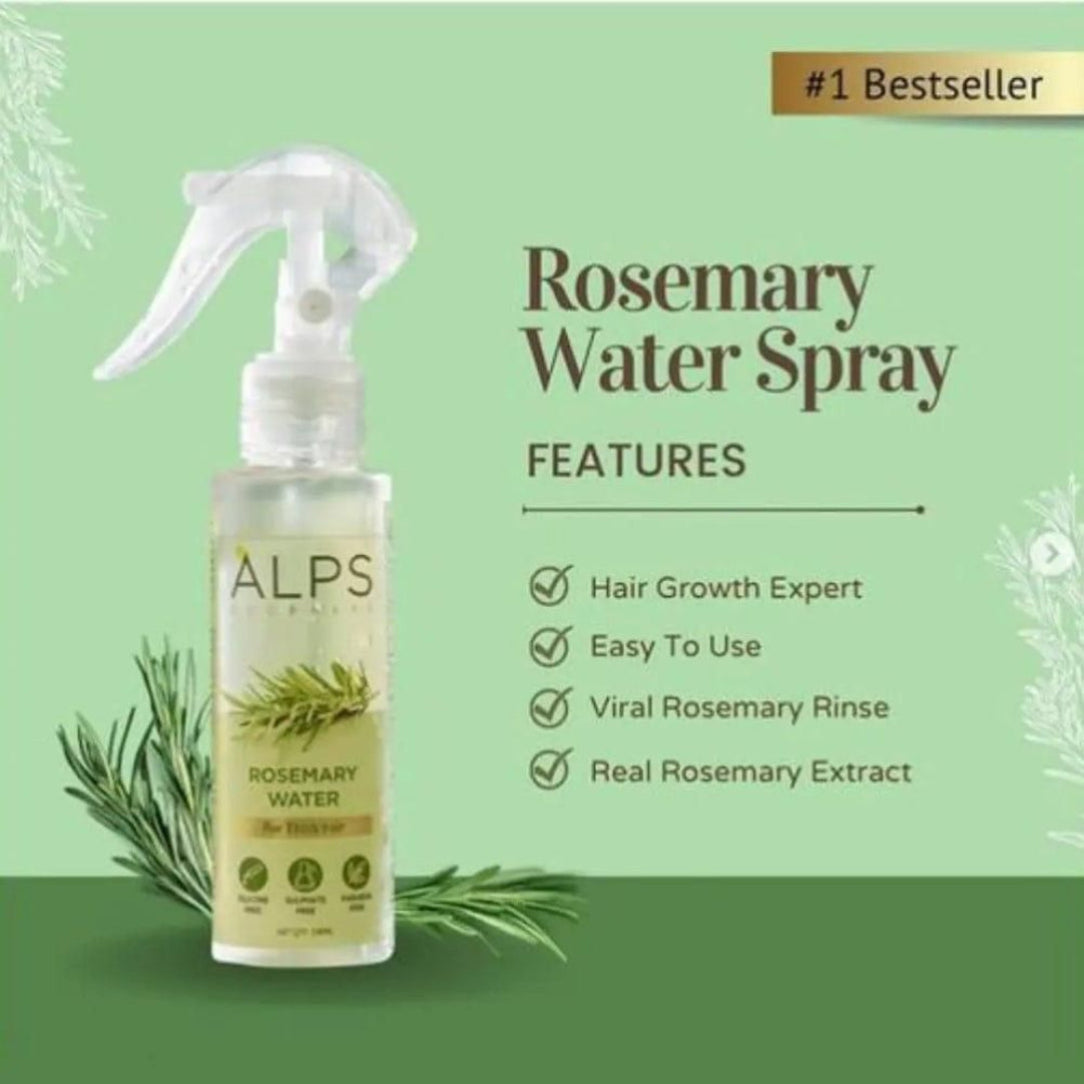 Rosemary water spray bottle with features listed on a green background