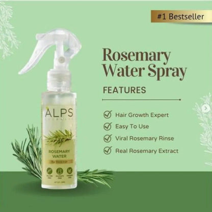 Rosemary water spray bottle with features listed on a green background