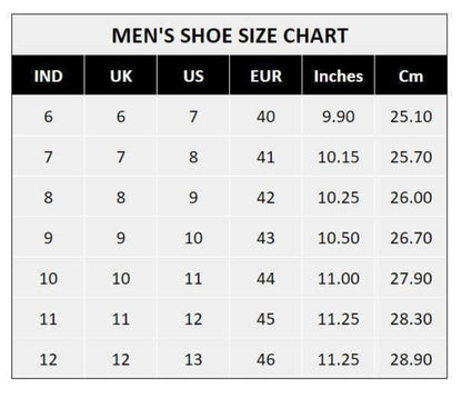 Men's shoe size chart converting between Indian, UK, US, EU, inches, and centimeters.