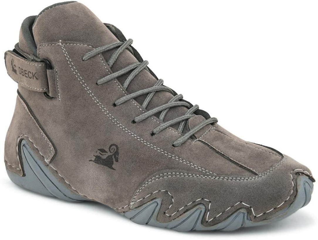 Gray hiking boot with brand logo on a white background
