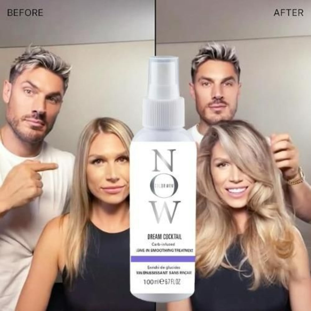 Before and after comparison of a couple with hair treatment product.