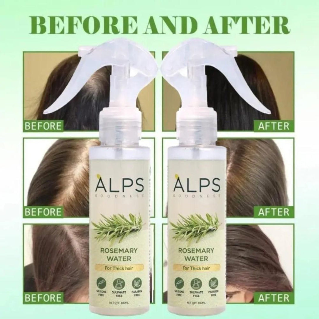 ALPS Rosemary Water bottles with 'Before' and 'After' hair images on a green background