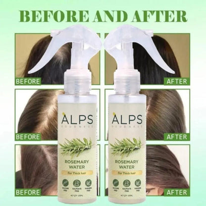 ALPS Rosemary Water bottles with 'Before' and 'After' hair images on a green background