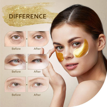 Woman with gold eye patches showing before and after effects on a beige background