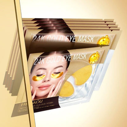 Packaging of 24K Gold Eye Mask with a woman wearing the mask on a beige background