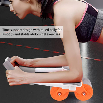 Person using a roller for abdominal exercises with text on time support design.