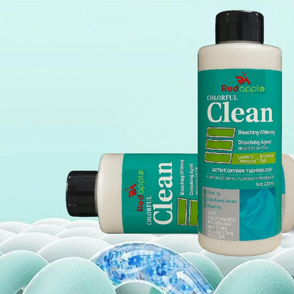 Two bottles of Red Apple Colorful Clean on a light blue background with bubbles.