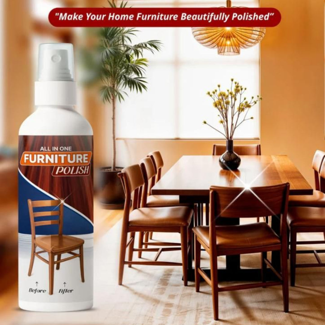Furniture polish spray bottle with a dining room background