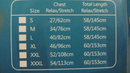 Size chart for clothing with chest and total length relax/stretch measurements on a blue background.