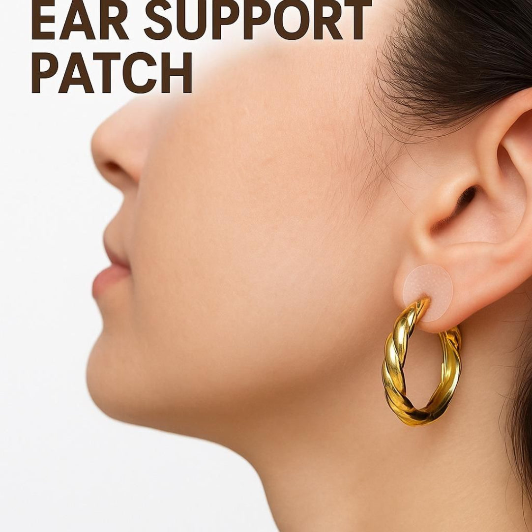 Gold hoop earring worn by a person with 'Ear Support Patch' text above.