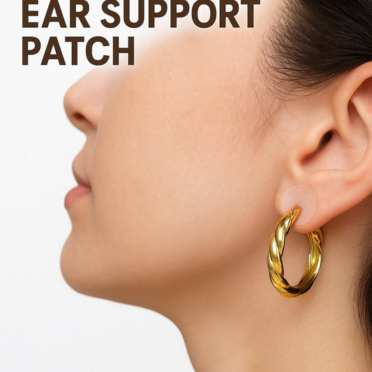 Gold hoop earring worn by a person with 'Ear Support Patch' text above.