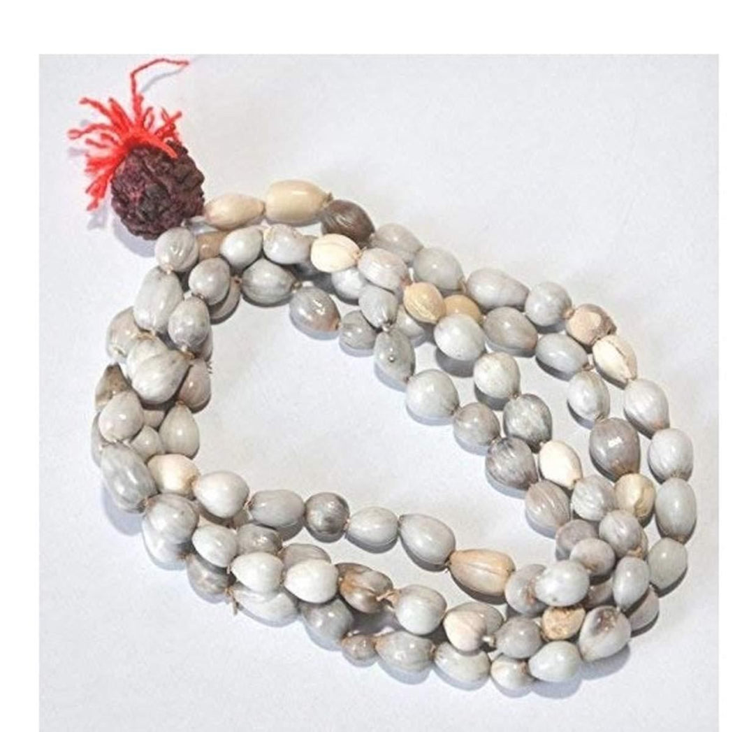 A Vaijayanti Mala with Rudraksha and Moira Stone, featuring gray beads and a red decorative tassel.