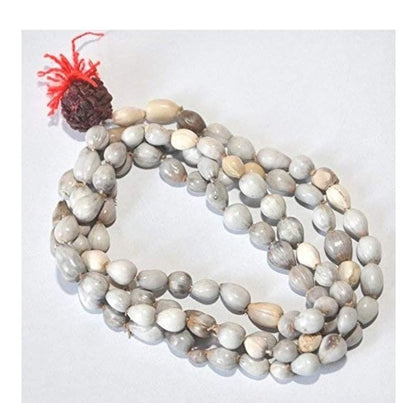 A Vaijayanti Mala with Rudraksha and Moira Stone, featuring gray beads and a red decorative tassel.