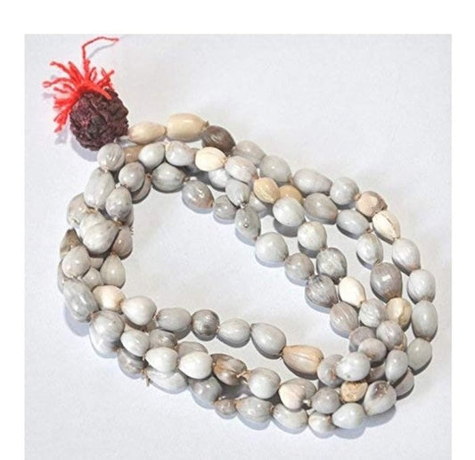 A Vaijayanti Mala with Rudraksha and Moira Stone, featuring gray beads and a red decorative tassel.