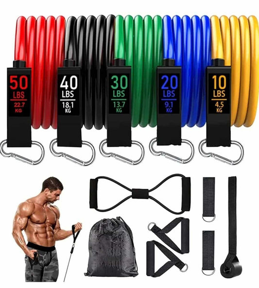 Resistance bands in various colors with digital display and accessories on a white background