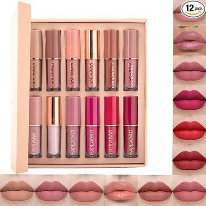 Set of lip glosses in a box with color swatches on a white background