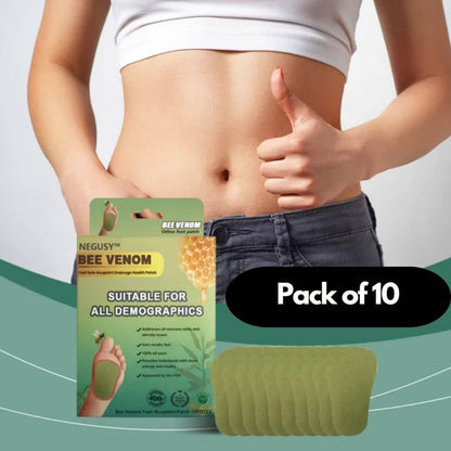 Person showing a pack of NEGUYS Bee Venom products with a thumbs-up gesture on a light gray background.