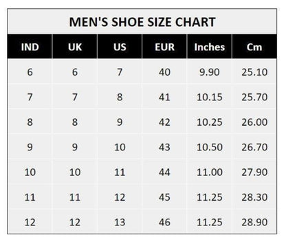 Men's shoe size chart converting between Indian, UK, US, EU, inches, and centimeters.