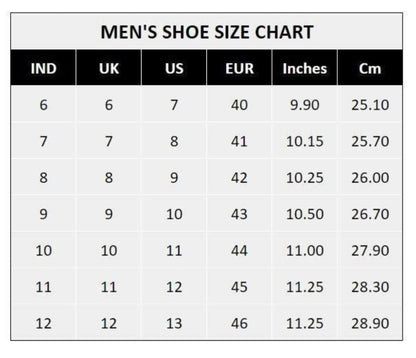 Men's shoe size chart showing conversions between Indian, UK, US, EU, inches, and centimeters.