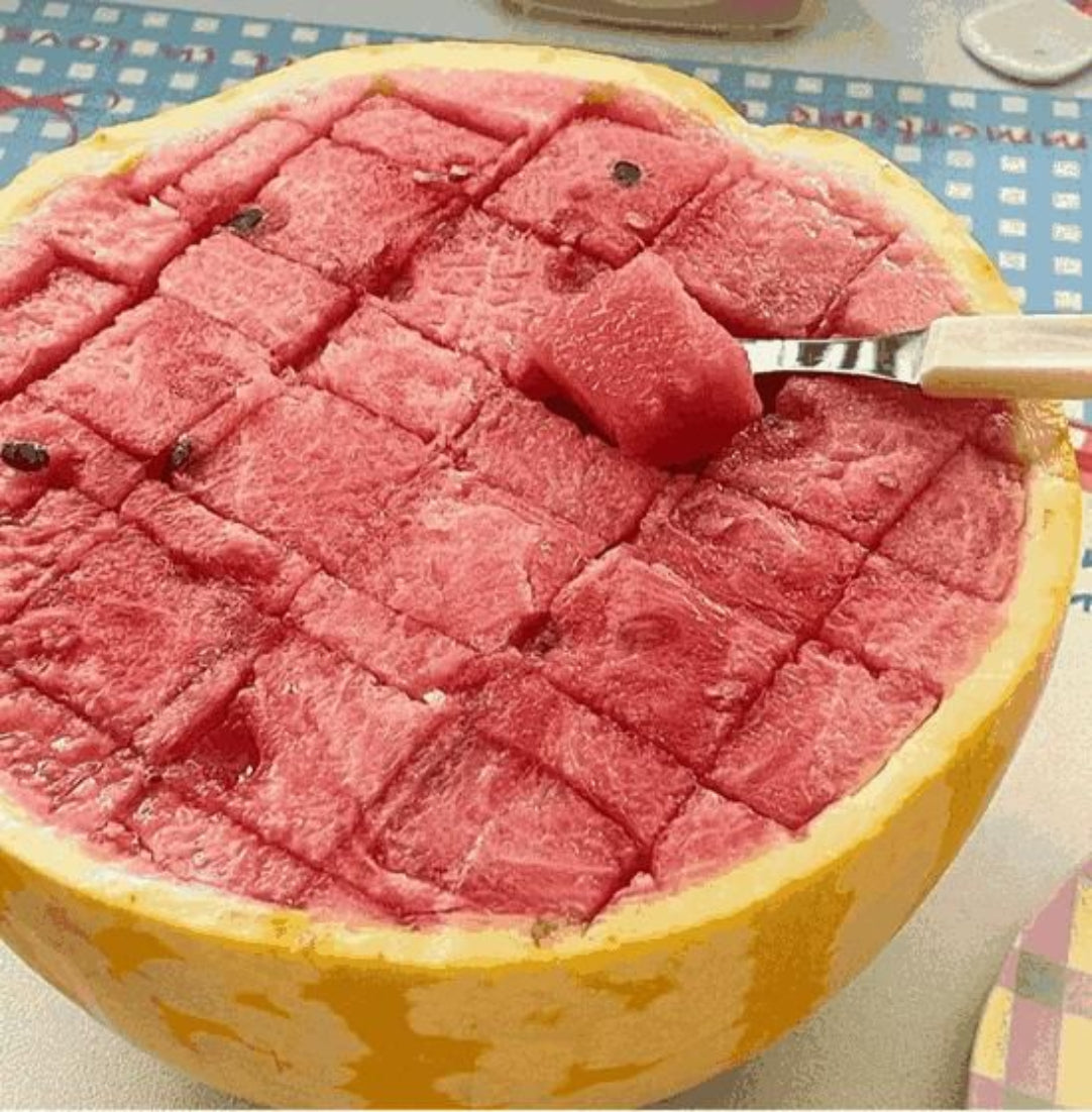 Half of a watermelon with a spoon inside, on a checkered tablecloth.
