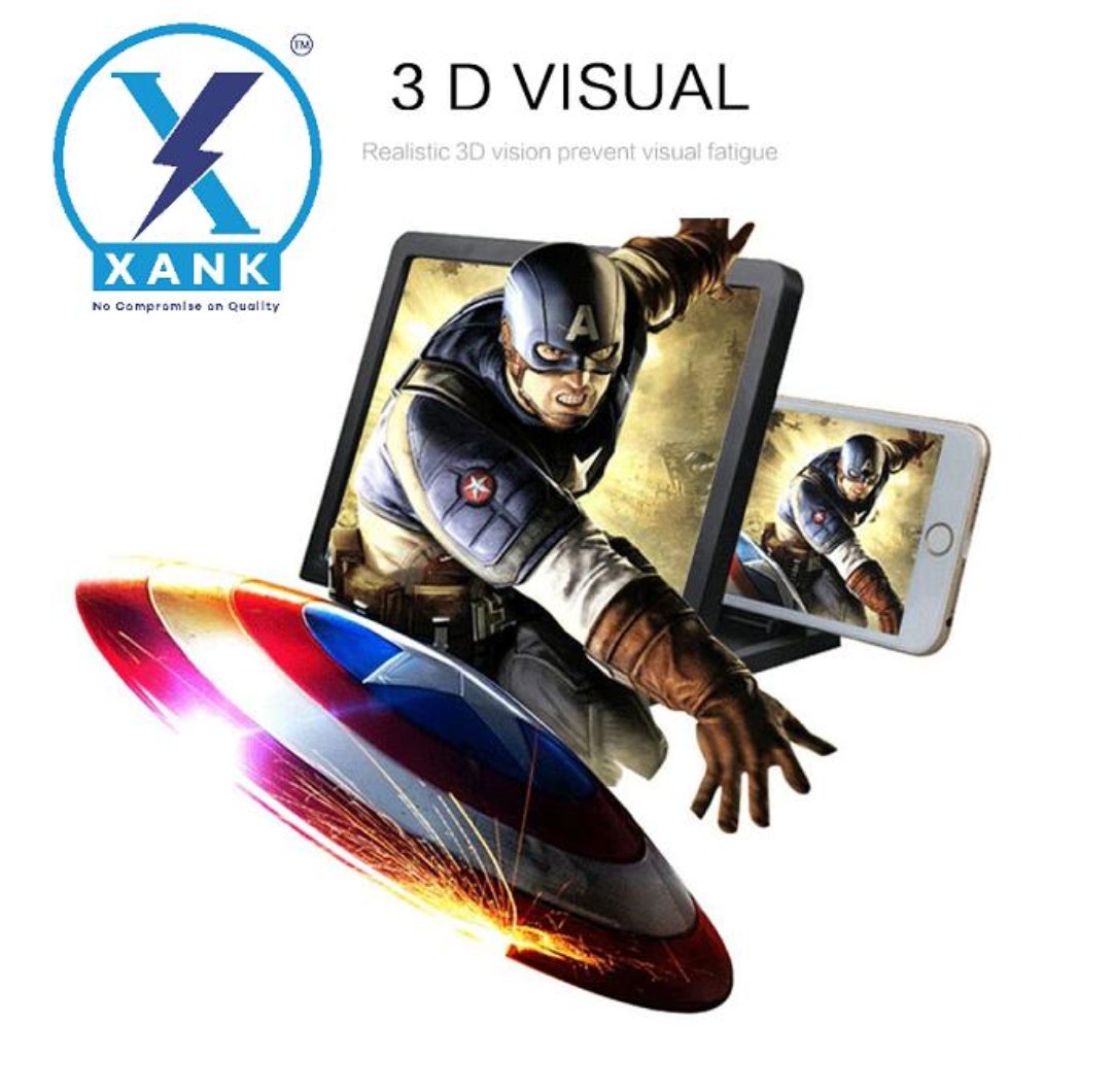 A promotional image featuring the XANK 7 inch Plastic Screen Expander Phone F3, with a graphic of a superhero on the screen, emphasizing the 3D visual capability of the product.