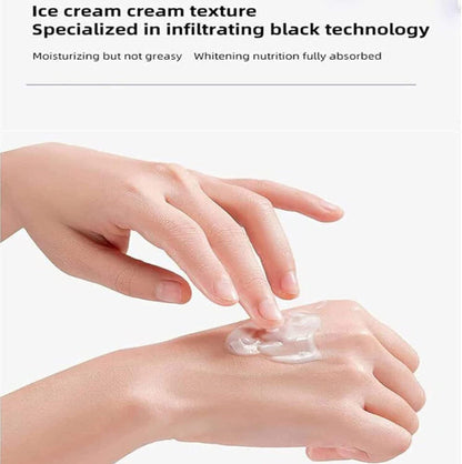 Hand applying cream to another hand with text about ice cream cream texture and black technology.