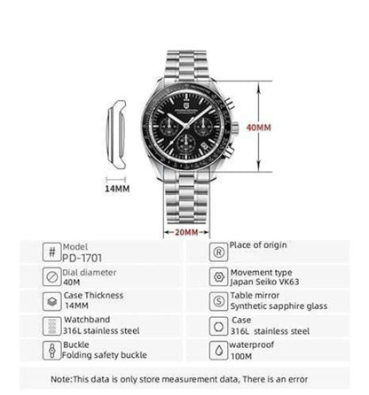 Technical specifications of a watch on a white background