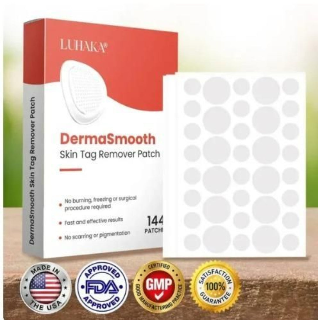 Luhaka DermaSmooth skin tag remover patch packaging on a wooden surface with product display.