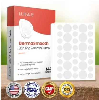 Luhaka DermaSmooth skin tag remover patch packaging on a wooden surface with product display.