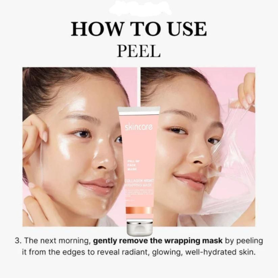 Instructions on how to use a skincare peel with a product and images of a woman applying it.