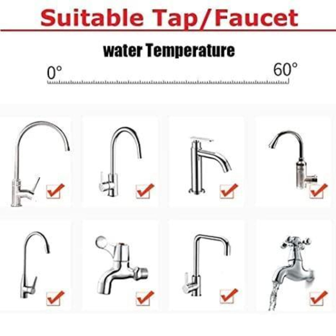 Diagram showing suitable taps/faucets for different water temperatures with checkmarks.