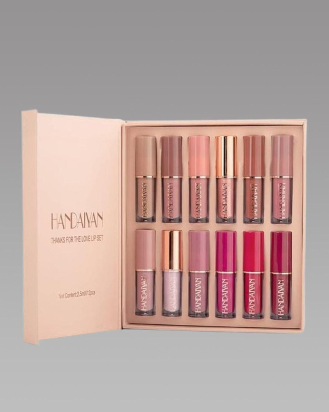 Set of lip glosses in a display case with 'Handaway' branding.