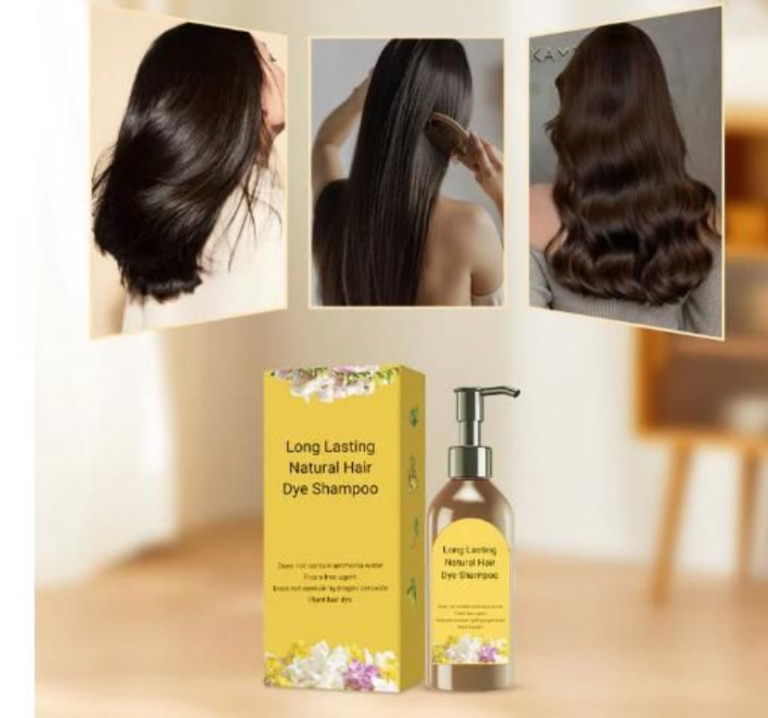 Long-lasting natural hair dye shampoo with packaging on a neutral background