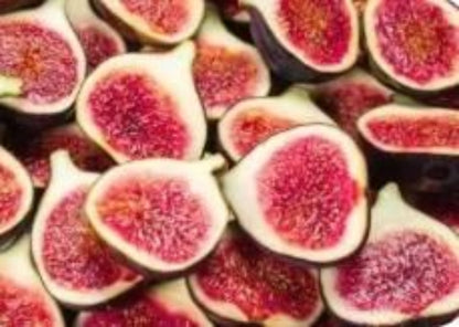 Close-up of sliced figs with a pinkish-red interior and dark outer skin.
