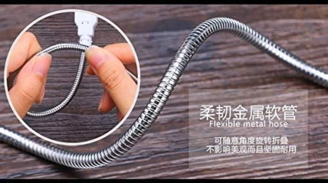 Flexible metal hose with a hand holding it on a wooden surface, with text indicating its flexibility and durability.