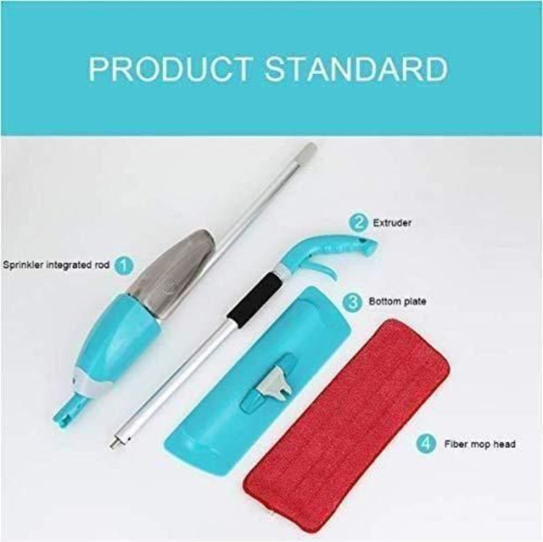 Cleaning tool set with sprinkler integrated rod, extruder, bottom plate, and fiber mop head on a white background.