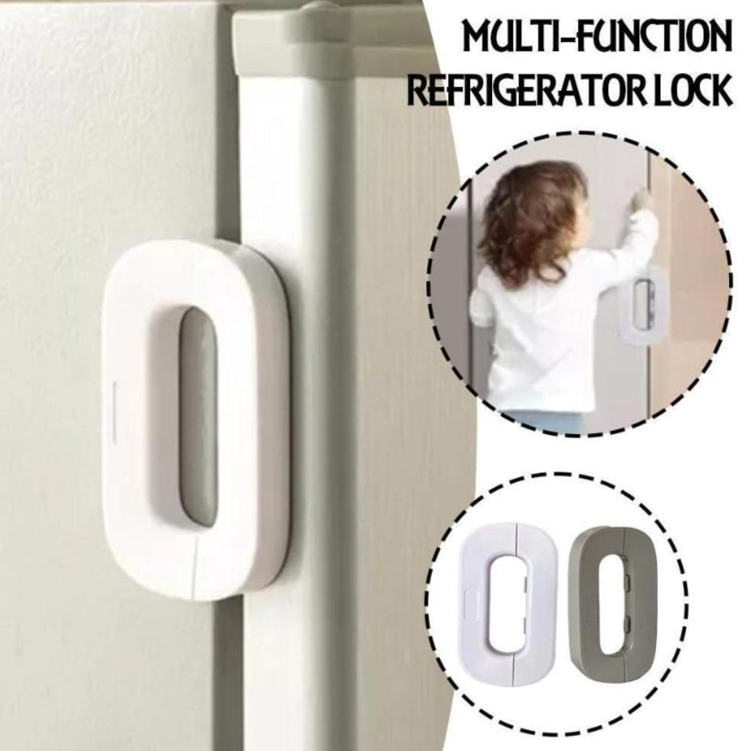 The image shows a refrigerator lock device with strong adhesive. The lock is designed to be attached to the refrigerator or cabinet to secure it against children or roommates.