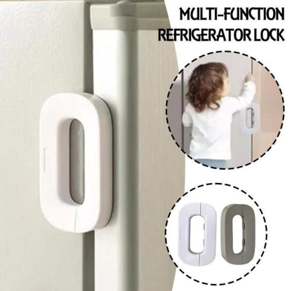 The image shows a refrigerator lock device with strong adhesive. The lock is designed to be attached to the refrigerator or cabinet to secure it against children or roommates.