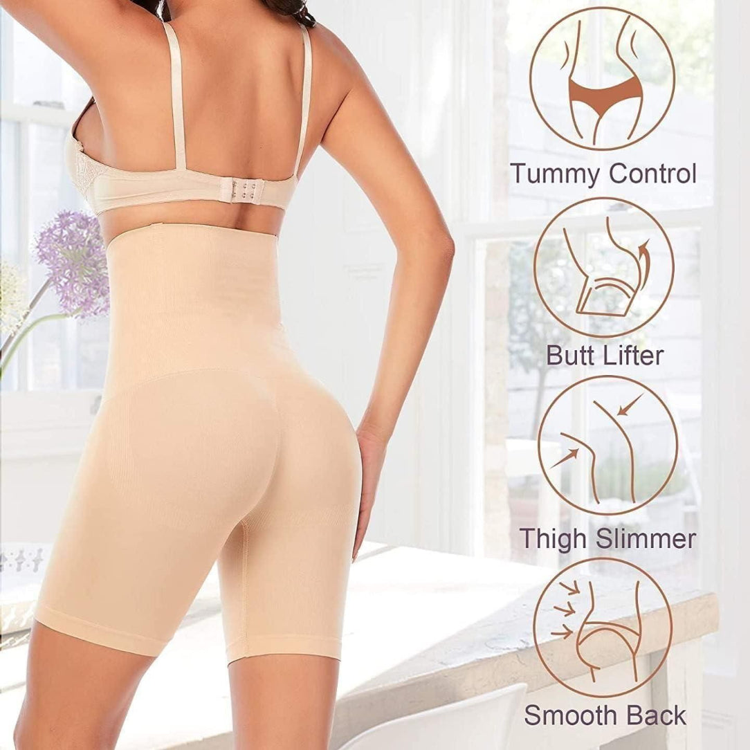 Woman wearing a beige shapewear garment with icons indicating features like tummy control, butt lifter, thigh slimmer, and smooth back.