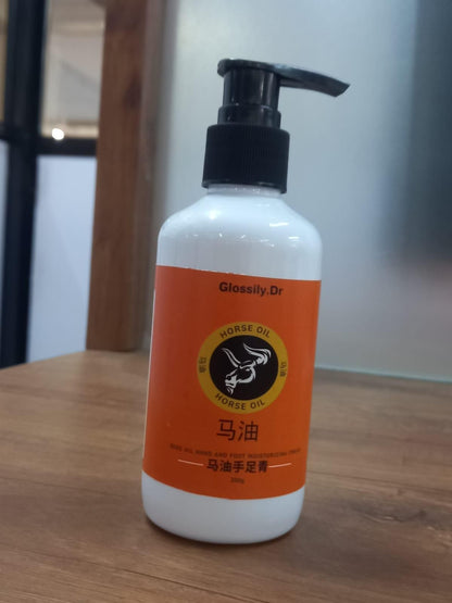 Bottle of Glossy Dr. horse oil on a wooden surface with a blurred background