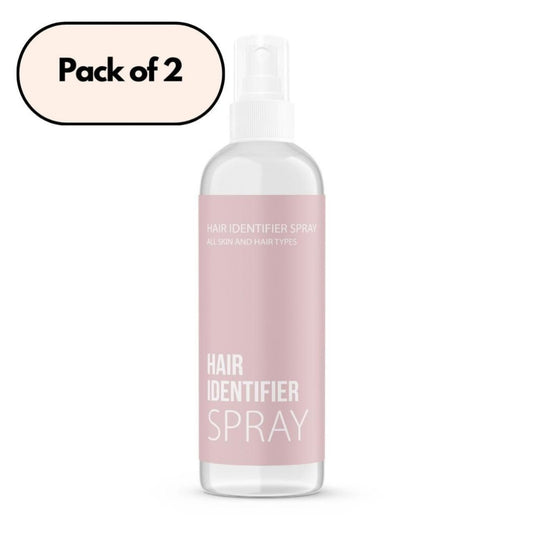 A pump plastic bottle labeled 'Hair Identifier Spray' in a pack of 2, with a pink label on a white background.