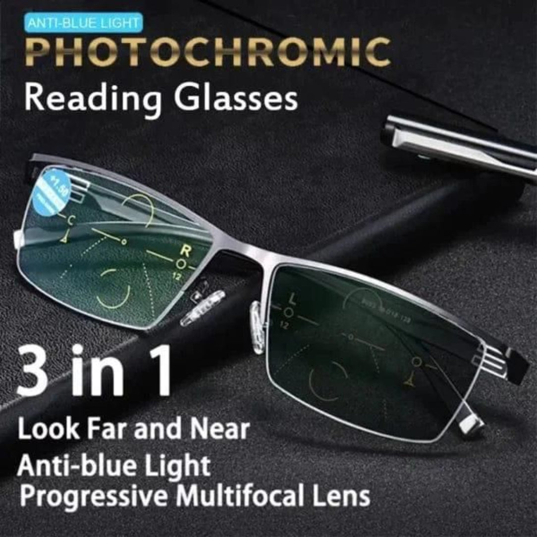 Photochromic reading glasses with anti-blue light feature on a dark background