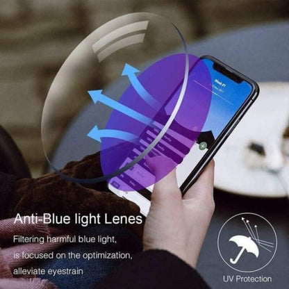 Person holding a smartphone with an anti-blue light lens over it, with text about blue light filtering and UV protection.