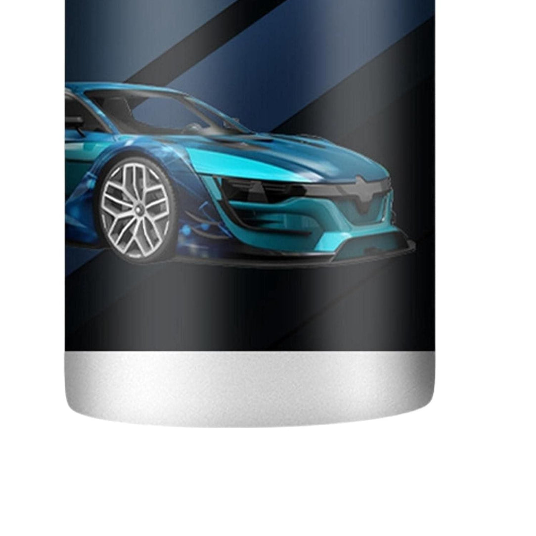 Tumbler with a blue car design on a black background