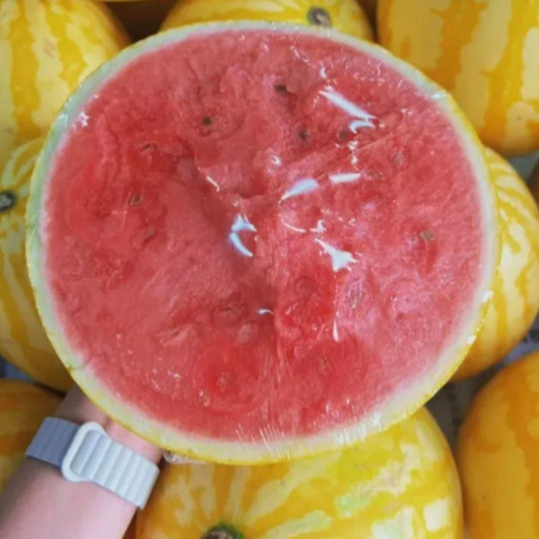 Half-cut watermelon with a yellow background