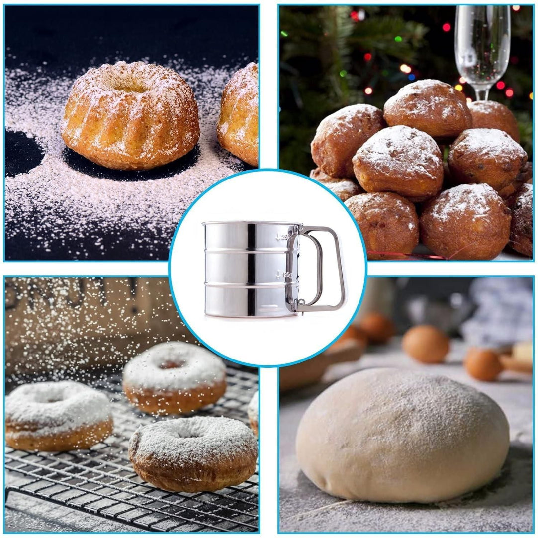 Collage of doughnuts with powdered sugar, a metal sifter, and a Christmas-themed background.